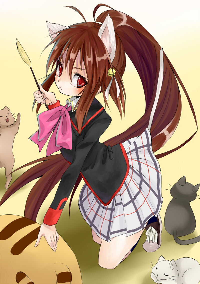 1girl animal_ears brown_hair cat cat_ears cat_tail cat_teaser catgirl doruji little_busters!! long_hair natsume_rin nekomimi ponytail red_eyes school_uniform shie_(m417) tail