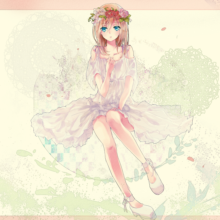 1girl blonde_hair blue_eyes christa_renz dress flower head_wreath lace miko_(s1748s) shingeki_no_kyojin solo wedding_dress