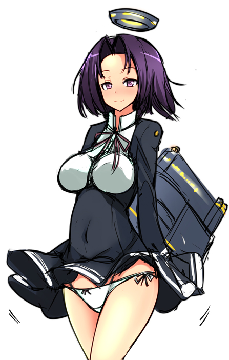 1girl blush breasts clothed_navel ippongui kantai_collection large_breasts looking_at_viewer panties personification purple_hair rough short_hair side-tie_panties simple_background smile solo tatsuta_(kantai_collection) underwear violet_eyes white_background white_panties
