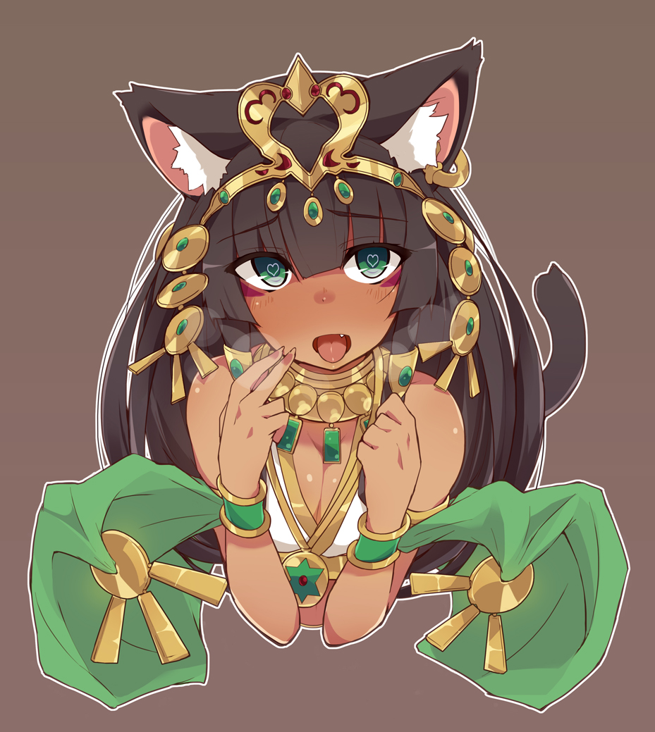 1girl animal_ears bastet_(p&amp;d) black_hair breasts bust cat_ears cat_tail cleavage dark_skin egyptian fang green_eyes heart heart-shaped_pupils jewelry long_hair looking_at_viewer maze_(gochama_ze_gohan) open_mouth puzzle_&amp;_dragons solo symbol-shaped_pupils tail