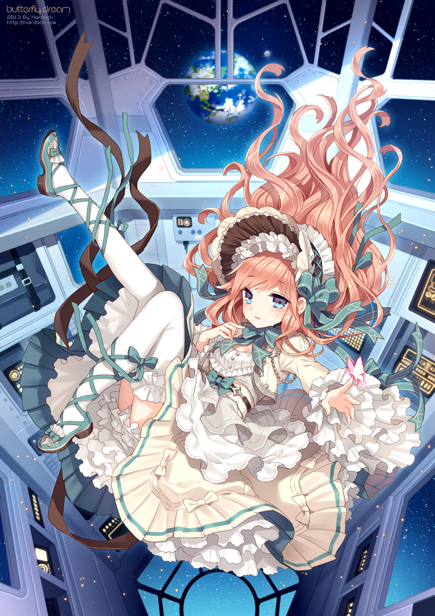 1girl blue_eyes brown_hair control_stick dress earth floating highres legs lolita_fashion nardack original tears thigh-highs white_legwear zero_gravity