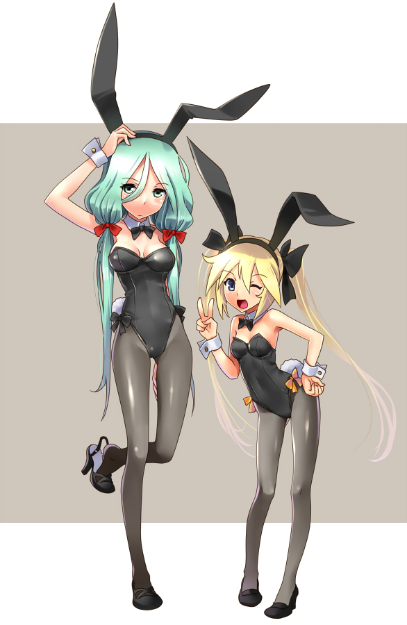 2girls ;d animal_ears arm_up black_legwear blonde_hair blue_eyes blush bow breasts bunny_girl bunny_tail bunnysuit cleavage fake_animal_ears green_eyes green_hair hair_bow hand_on_hip high_heels katahira_masashi long_hair looking_at_viewer multiple_girls open_mouth original pantyhose rabbit_ears revision shoe_dangle shoes smile standing_on_one_leg tail twintails v wink wrist_cuffs