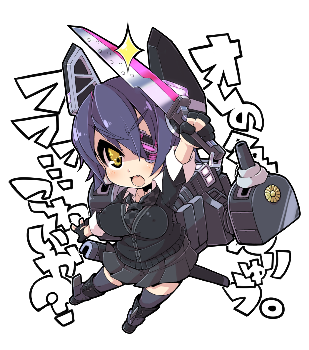 1girl :3 breasts chibi crazy_developers eyepatch fang gloves kantai_collection large_breasts necktie purple_hair robot_ears solo sword tenryuu_(kantai_collection) thighhighs weapon yellow_eyes zettai_ryouiki