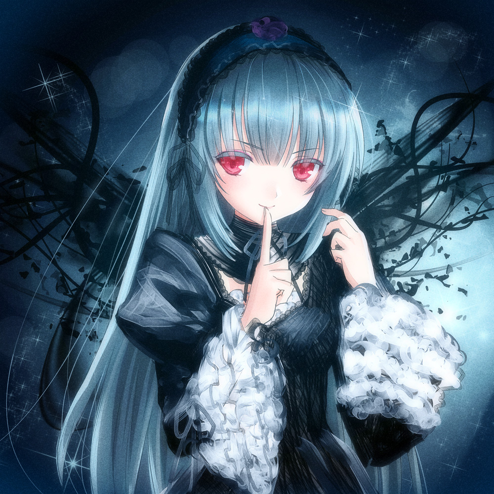 1girl black_dress dress finger_to_mouth gothic_lolita hairband juliet_sleeves lolita_fashion lolita_hairband long_hair long_sleeves looking_at_viewer pink_eyes puffy_sleeves rozen_maiden silver_hair smile solo sparkle suigintou very_long_hair wide_sleeves yasuyuki