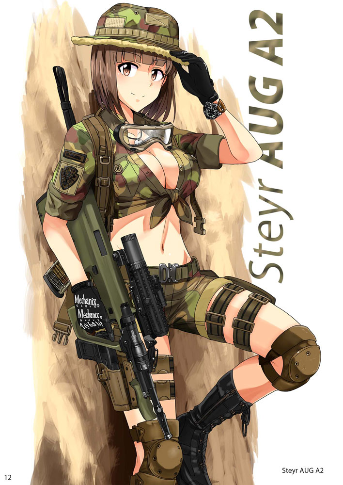 1girl assault_rifle boots breasts brown_eyes brown_hair bullpup cleavage fingerless_gloves glock gloves goggles goggles_around_neck gun handgun hat holster knee_pads navel original rifle short_hair steyr_aug thigh_holster trigger_discipline tsurui watch weapon