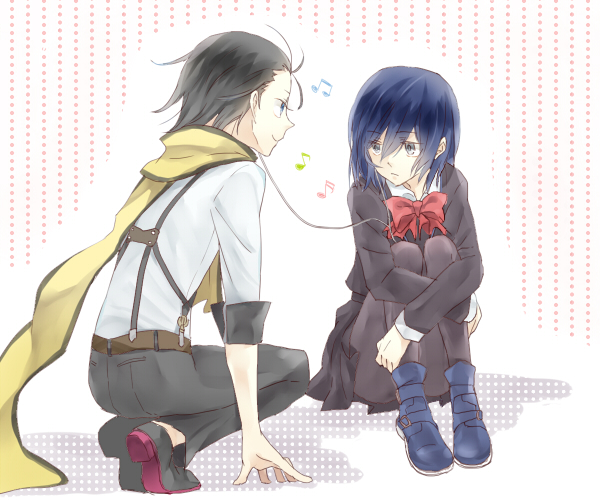 1boy 1girl arisato_minato azu_(azu22azu) black_hair blue_eyes blue_hair genderswap headphones mochizuki_ryouji musical_note persona persona_3 scarf school_uniform short_hair suspenders yuuki_makoto