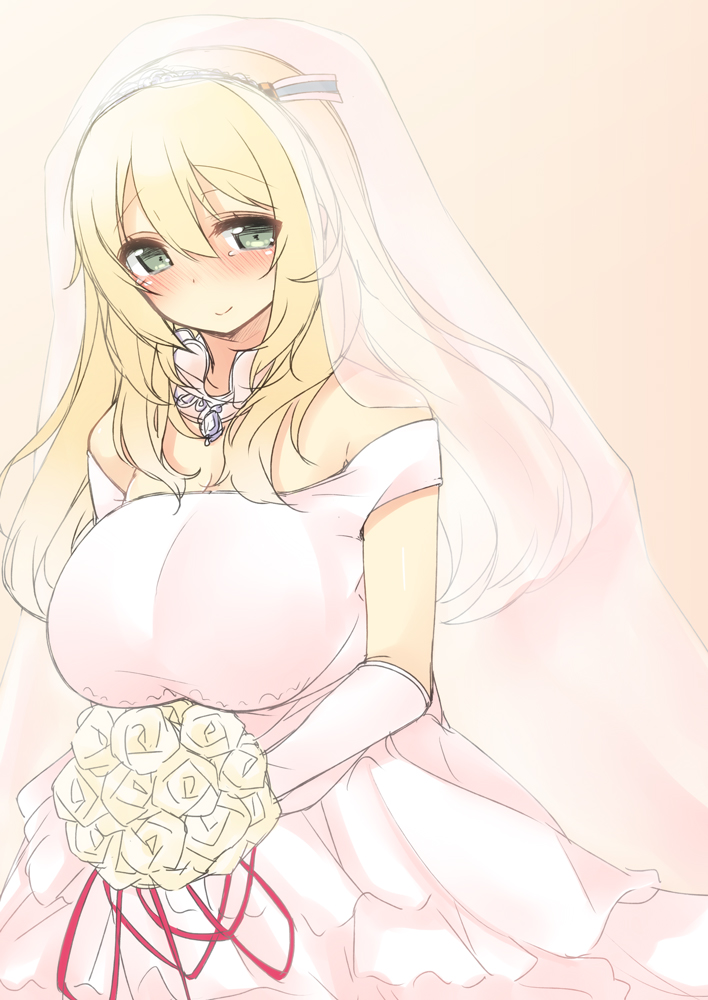 1girl atago_(kantai_collection) bare_shoulders blonde_hair blush bouquet breasts bridal_veil dress flower gloves green_eyes kantai_collection long_hair looking_at_viewer nekoume personification rough smile solo tears veil wedding_dress white_gloves