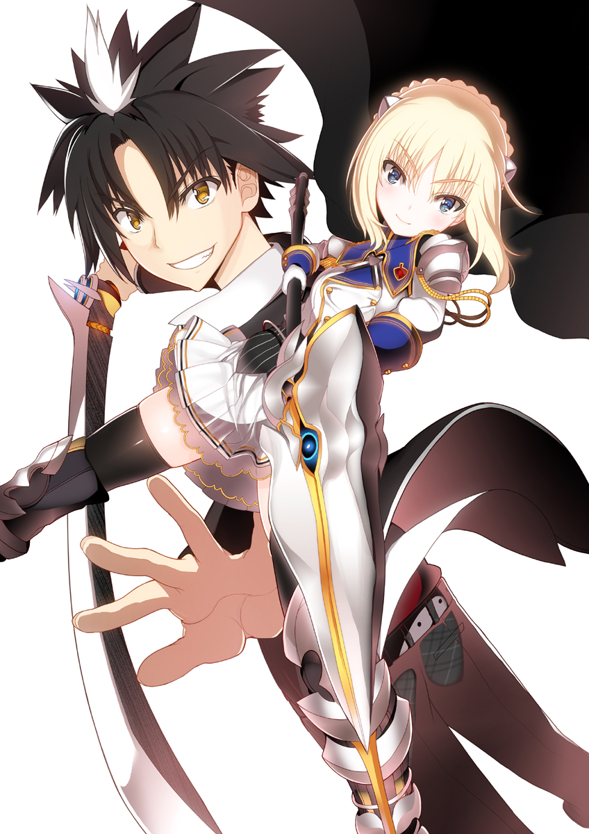 1boy 1girl armor black_hair blonde_hair blue_eyes braid char gloves grin highres katana multicolored_hair original short_hair smile sword two-tone_hair weapon white_hair yellow_eyes