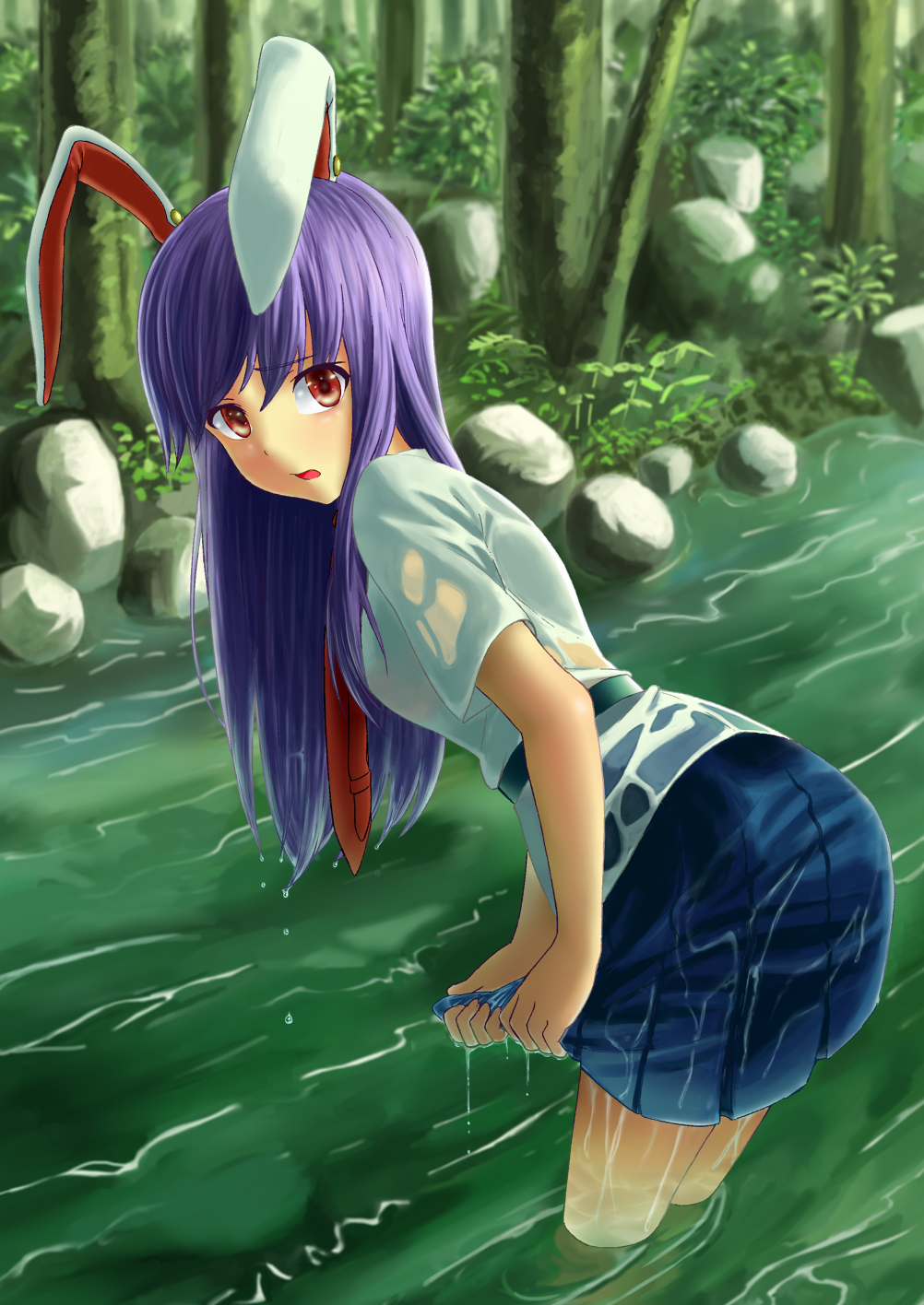 1girl animal_ears highres long_hair looking_at_viewer looking_back necktie omaehadareda-uso open_mouth purple_hair rabbit_ears red_eyes reisen_udongein_inaba river skirt solo touhou wet wet_clothes wringing_skirt