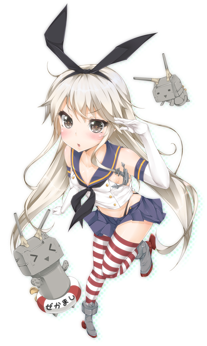 &gt;_&lt; 1girl :o anchor black_panties blonde_hair blush brown_eyes elbow_gloves gloves hair_ornament hairband highleg highleg_panties highres kantai_collection long_hair looking_at_viewer panties personification rensouhou-chan shimakaze_(kantai_collection) skirt solo star star-shaped_pupils striped striped_legwear symbol-shaped_pupils thighhighs underwear white_gloves yukinon