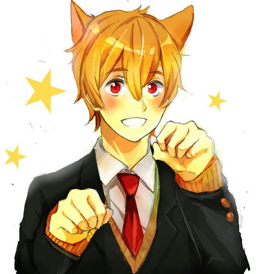 1boy animal_ears blonde_hair blush cat_ears free! hazuki_nagisa male necktie paw_pose red_eyes school_uniform smile