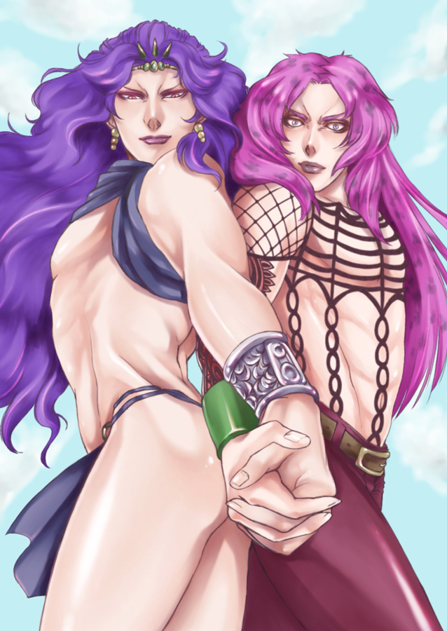 cars_(jojo) diavolo hentaimaturi holding_hands jojo_no_kimyou_na_bouken lion_(macross_frontier) lipstick long_hair macross macross_frontier makeup parody pink_hair purple_hair sky