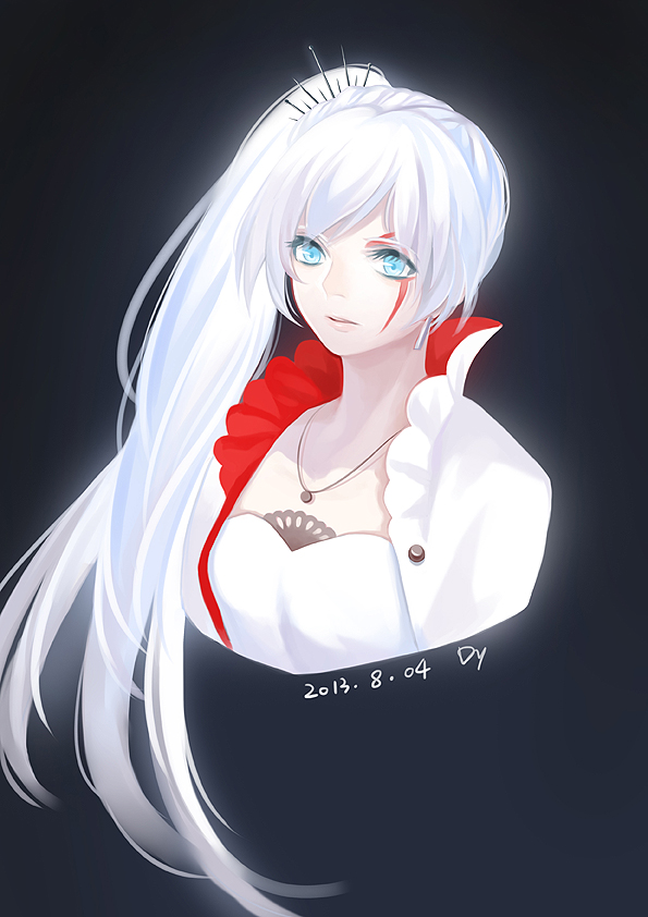 1girl black_background blue_eyes dated dy_(372127010) hair_ornament jewelry long_hair necklace ponytail rwby scar signature solo tagme weiss_schnee white_hair