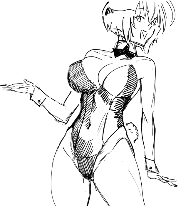 1girl bare_legs bare_shoulders bb_(baalbuddy) bob_cut breasts bunny_tail bunnysuit clothed_navel detached_collar large_breasts monochrome musubi sekirei short_hair sketch solo tail wrist_cuffs