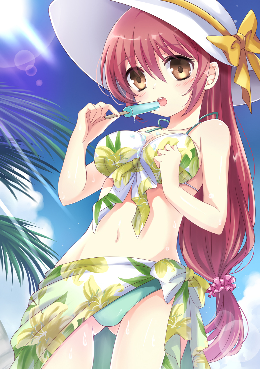 1girl bikini blush brown_hair harimoji hat highres long_hair navel original popsicle redhead sarong sky solo swimsuit