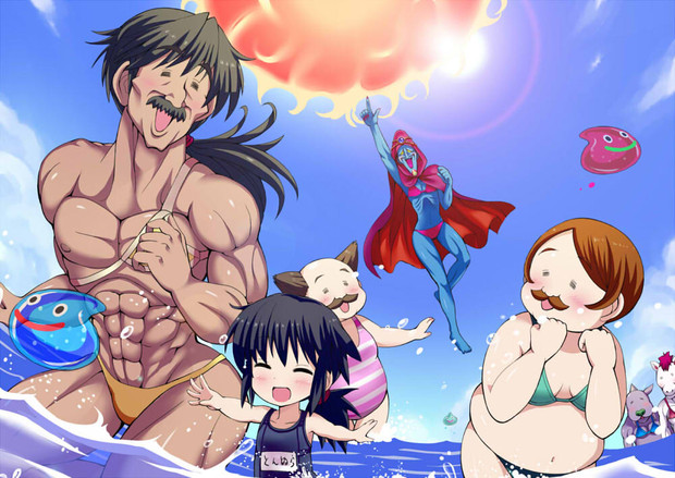 1girl 3boys bare_legs bikini black_hair blush bow breasts brown_hair cape cleavage cow dragon_quest flying givuchoko hair_bow hood horse large_breasts multiple_boys multiple_girls multiple_tails no_hat ocean one-piece_swimsuit open_mouth papas pink_hair pointy_nose ponytail red_eyes redhead slime_(dragon_quest) sun swimsuit tagme tail tonnura violet_eyes water white_hair wings