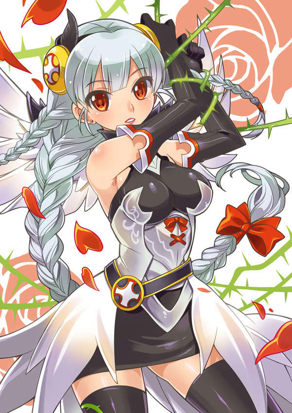 1girl arms_up bare_shoulders black_legwear blush braid breasts dress elbow_gloves gloves hair_ornament katsuma_rei long_hair looking_at_viewer puzzle_&amp;_dragons red_eyes restrained silver_hair solo thighhighs valkyrie valkyrie_(p&amp;d) very_long_hair vines
