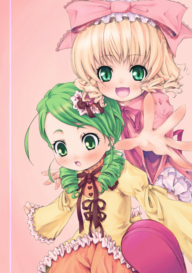 2girls blonde_hair blush bow dress drill_hair green_eyes green_hair hair_ornament hair_ribbon hina_ichigo kanaria long_sleeves multiple_girls open_mouth outstretched_arm outstretched_hand pink_background pokomi ribbon rozen_maiden short_hair siblings simple_background sisters sleeves_past_wrists smile