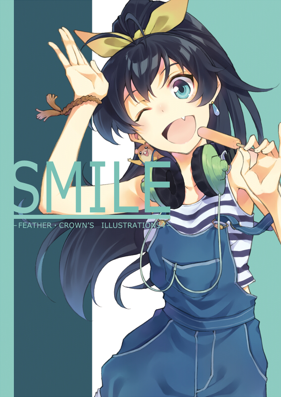 1girl ;d animal_on_shoulder arm_up black_hair blue_eyes bracelet cover cover_page crop_top earrings fang ganaha_hibiki hair_ribbon hamuzou headphones headphones_around_neck idolmaster jewelry long_hair open_mouth overalls ponytail popsicle ribbon shirt smile solo strap_slip striped striped_shirt t-okada tank_top wink