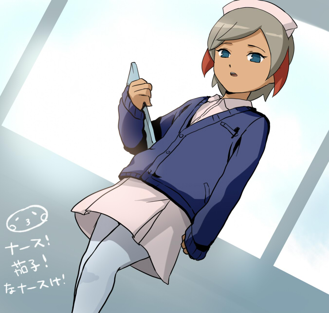 1boy blue_eyes crossdressinging dutch_angle hat ichino_nanasuke inazuma_eleven_(series) inazuma_eleven_go male mizuhara_aki nurse nurse_cap open_mouth pantyhose pun short_hair solo