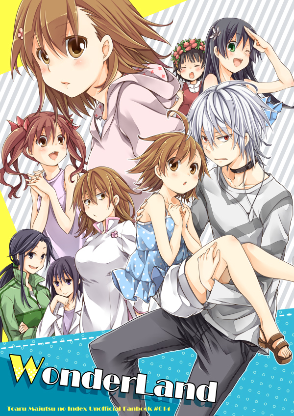 accelerator ahoge albino black_hair brown_eyes brown_hair carrying choker cover dress flower hair_flower hair_ornament last_order long_hair meso_(goma-meso) misaka_mikoto polka_dot ponytail princess_carry red_eyes saten_ruiko shirai_kuroko short_hair sleeves_rolled_up to_aru_kagaku_no_railgun to_aru_majutsu_no_index twintails uiharu_kazari white_hair yomikawa_aiho yoshikawa_kikyou