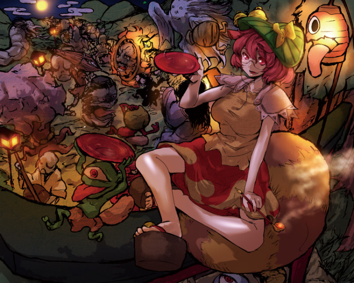 1girl alcohol animal_ears brown_eyes brown_hair chouchin_obake futatsuiwa_mamizou geta hat kappa moonlight raccoon_ears raccoon_tail sake sitting_on_tail soubi tail touhou youkai