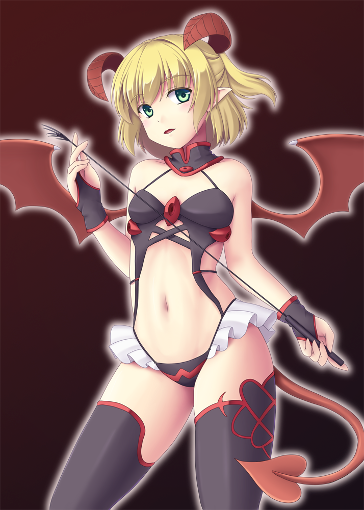 1girl alternate_costume blonde_hair bridal_gauntlets choker demon_girl demon_tail demon_wings gomi_(gomitin) green_eyes horns mizuhashi_parsee navel parted_lips pointy_ears riding_crop short_hair simple_background solo tail thighhighs touhou whip wings