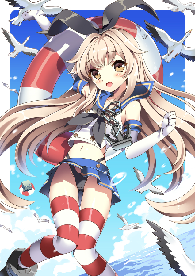 1girl anchor bird blonde_hair elbow_gloves gloves hairband innertube kantai_collection long_hair midriff navel panties personification rensouhou-chan seagull shimakaze_(kantai_collection) solo striped striped_legwear thighhighs underwear vanilla_(shade) yellow_eyes