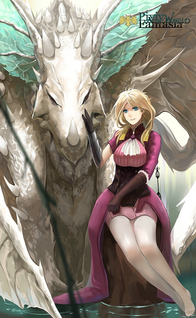 1girl ascot blonde_hair blue_eyes breasts carrie_pearl dragon gauntlets gloves horn liuruoyu8888 long_hair mismatched_sleeves no_shoes overskirt pantyhose pixiv_fantasia pixiv_fantasia_new_world single_glove sitting skirt smile solo water western_dragon white_legwear