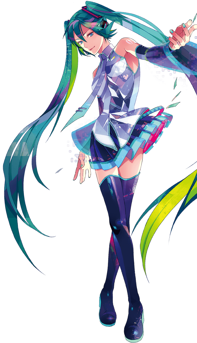 aqua_eyes aqua_hair boots crossed_legs_(standing) green_hair hatsune_miku hatsune_miku_(vocaloid3) headphones headset highres long_hair multicolored_hair nail_polish necktie official_art outstretched_arm see-through skirt smile thigh_boots thighhighs transparent_background twintails vocaloid zain