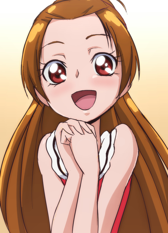 1girl brown_eyes brown_hair dokidoki!_precure dress gradient gradient_background half_updo long_hair looking_at_viewer madoka_aguri manji_(tenketsu) open_mouth precure red-dress solo