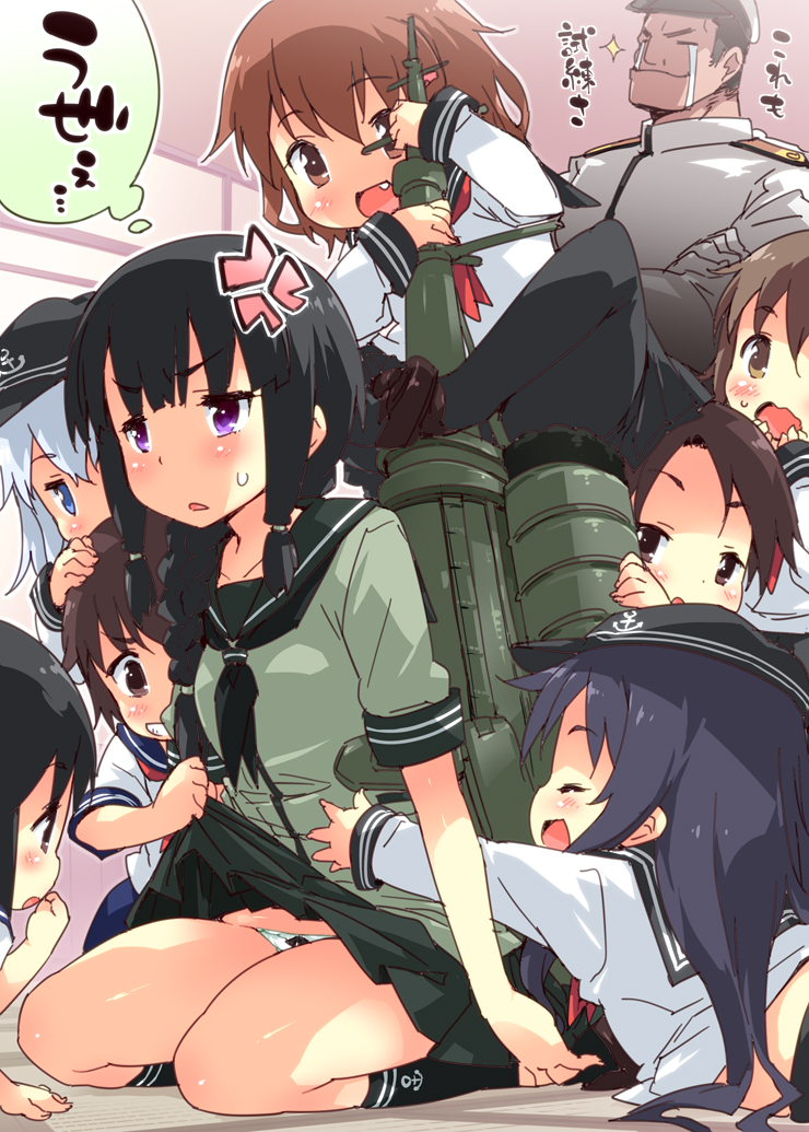 1boy 6+girls akatsuki_(kantai_collection) anger_vein black_hair black_legwear blue_eyes bow bow_panties braid brown_hair character_request child fang hat hibiki_(kantai_collection) ikazuchi_(kantai_collection) kantai_collection kitakami_(kantai_collection) loafers long_hair multiple_girls open_mouth panties pantyhose petenshi_(dr._vermilion) school_uniform serafuku shoes short_hair silver_hair single_braid sitting skirt skirt_lift smile tears translation_request underwear violet_eyes white_panties