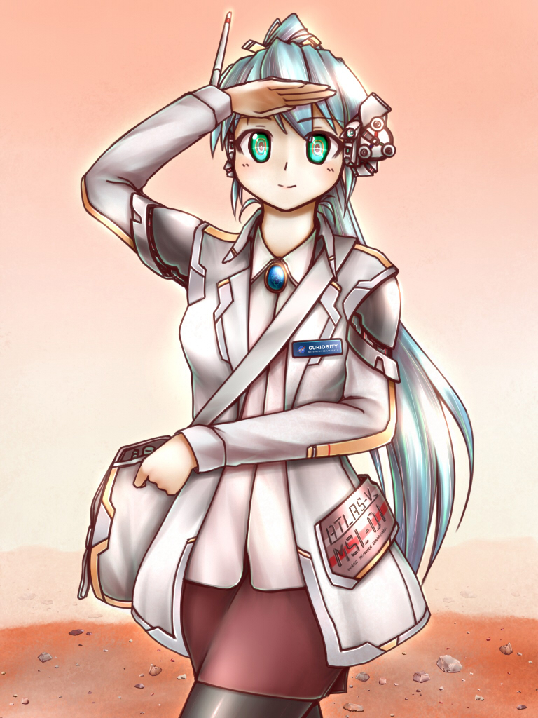 1girl bag blue_hair brooch curiosity_(mars_rover) green_eyes jewelry long_hair mars name_tag nasa personification ponytail salute satchel yua