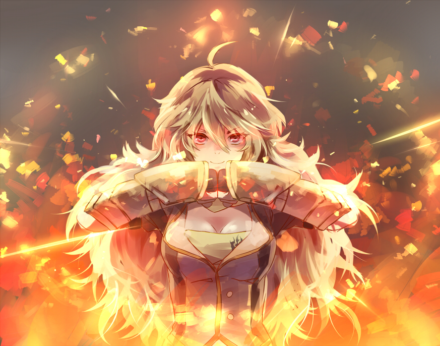 1girl ahoge blonde_hair breasts cleavage fingerless_gloves fist_bump gauntlets gloves long_hair looking_at_viewer natural_wind red_eyes rwby smile solo weapon yang_xiao_long