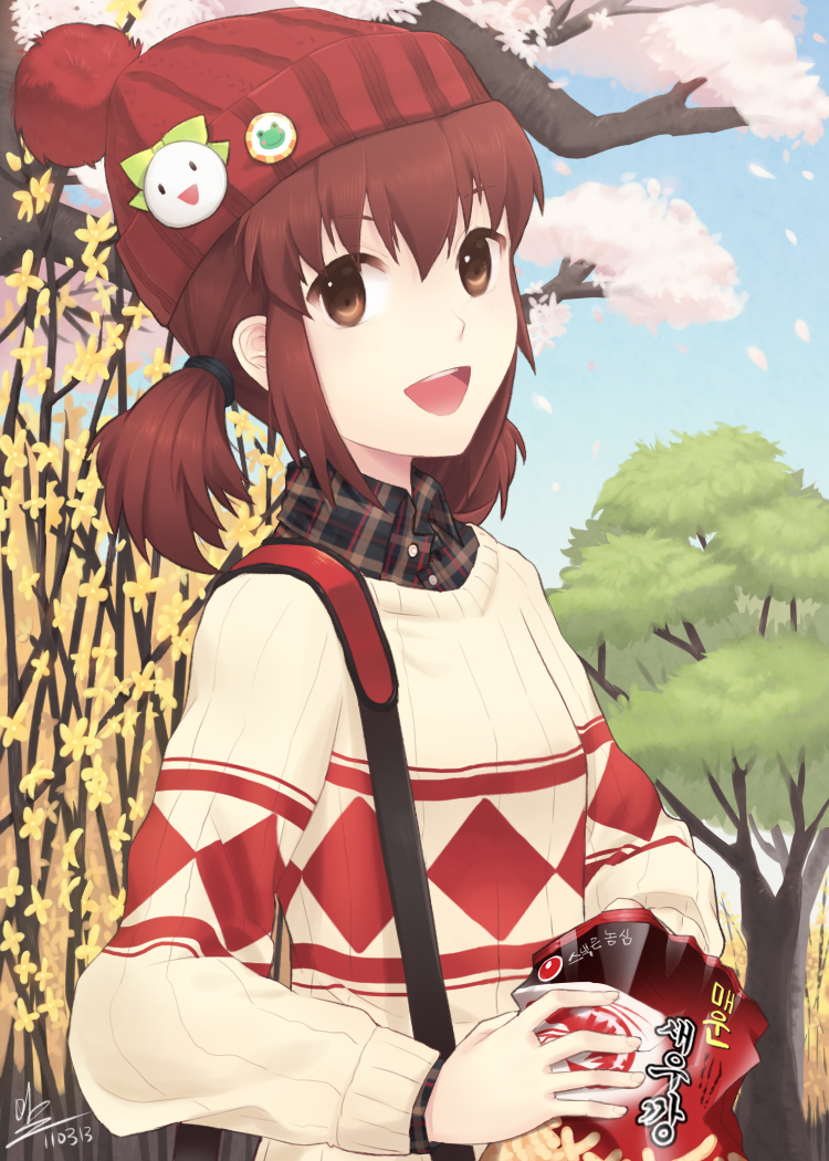 1girl :d beanie brown_eyes brown_hair bust cherry_blossoms dated hat hat_ornament looking_at_viewer minari open_mouth original petals plaid plaid_shirt short_hair short_twintails signature smile snack solo sweater tree twintails