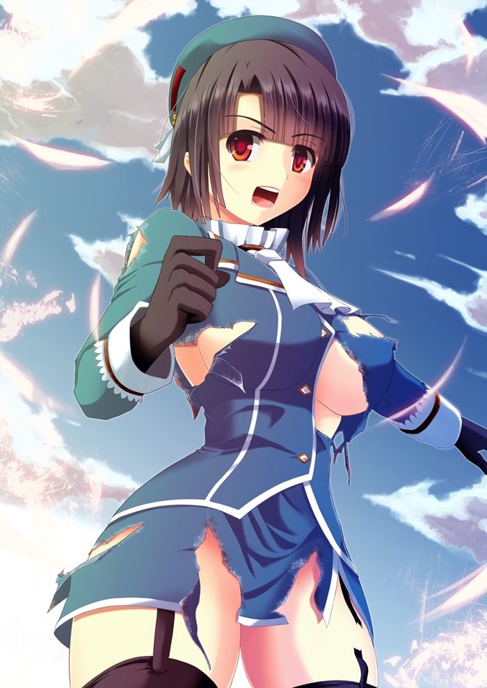 1girl black_hair breasts from_below garter_straps gloves hat kantai_collection military military_uniform open_mouth personification red_eyes short_hair solo takao_(kantai_collection) thighhighs torn_clothes underboob uniform windfeathers