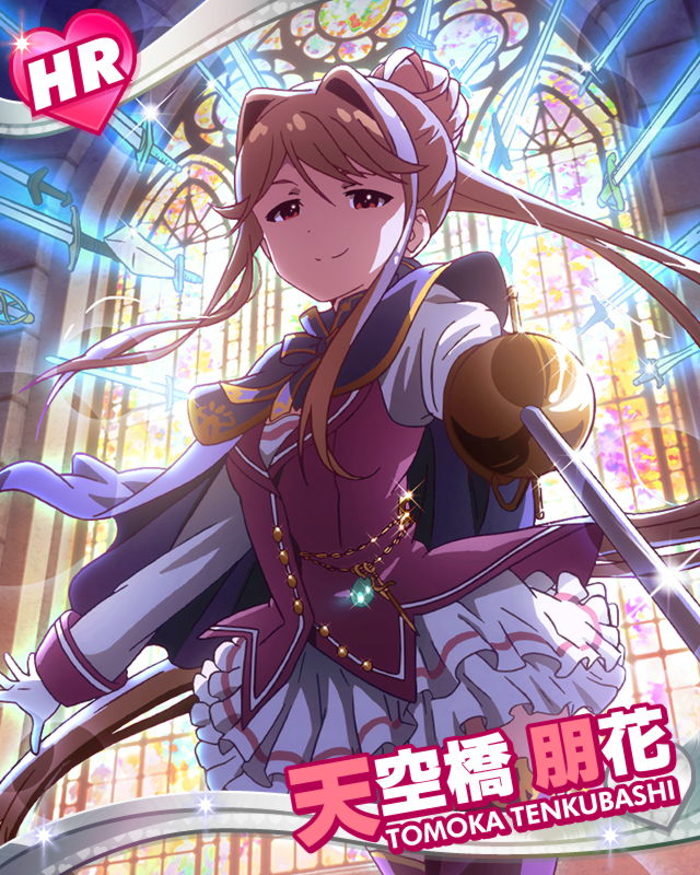 1girl brown_eyes brown_hair cape character_name epee gloves hair_bun heart idolmaster idolmaster_million_live! looking_at_viewer official_art skirt smile stained_glass sword tenkubashi_tomoka weapon