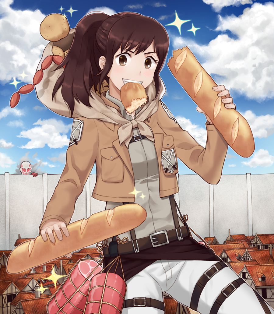 1girl baguette belt bread brown_eyes brown_hair building clouds colossal_titan food food_in_mouth grin house jacket minari mouth_hold ponytail potato sack sasha_browse sausage shingeki_no_kyojin short_hair sky smile solo sparkle thigh_strap wall