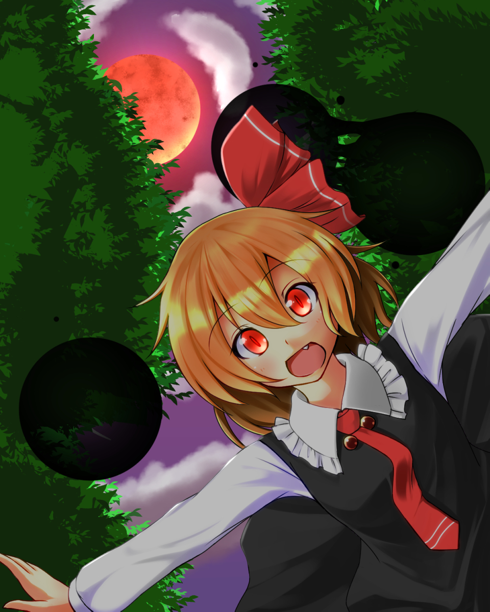 1girl blonde_hair clouds fang forest full_moon hair_ribbon highres long_sleeves moon nature necktie night open_mouth outdoors outstretched_arms purple_sky red_eyes red_moon ribbon rumia short_hair skirt skirt_set slit_pupils solo sphere spread_arms takupopn_player touhou
