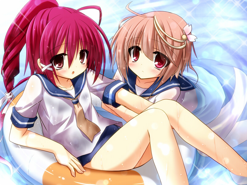 2girls ahoge blush brown_hair flower hair_flower hair_ornament hair_ribbon i-168_(kantai_collection) i-58_(kantai_collection) innertube kantai_collection long_hair looking_at_viewer multiple_girls open_mouth personification ponytail red_eyes redhead ribbon rionoil school_swimsuit school_uniform serafuku swimsuit wading water