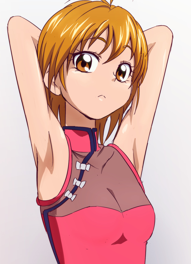 1girl armpits bare_shoulders china_dress chinese_clothes futari_wa_precure gradient gradient_background holding_arm looking_at_viewer manji_(tenketsu) misumi_nagisa orange_eyes orange_hair precure see-through see-through_silhouette short_hair solo