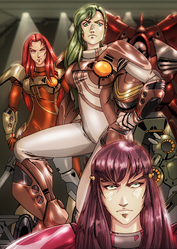 3girls alien angry armor dagova_(artist) formal giantess green_eyes green_hair hangar long_hair looking_at_viewer macross macross:_do_you_remember_love? mecha meltrandi millia_jenius multiple_girls pilot power purple_hair queadluun-rau quimeliquola redhead science_fiction serious spacecraft_interior spacesuit suit zentradi