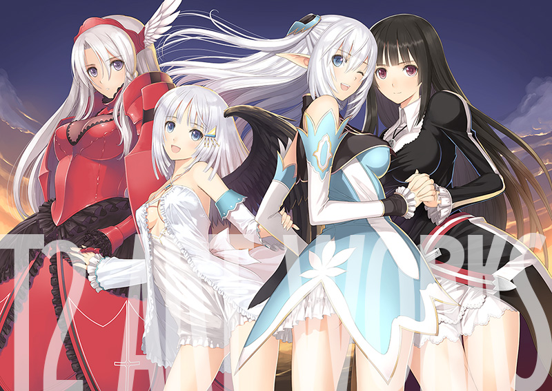 4girls armor bare_shoulders black_hair blue_eyes blush breasts character_request detached_sleeves dress hairband holding_hands kilmaria_aideen long_hair looking_at_viewer multiple_girls open_mouth panis_angelicus shining_(series) shining_ark short_hair silver_hair taka_tony tanaka_takayuki violet_eyes wink