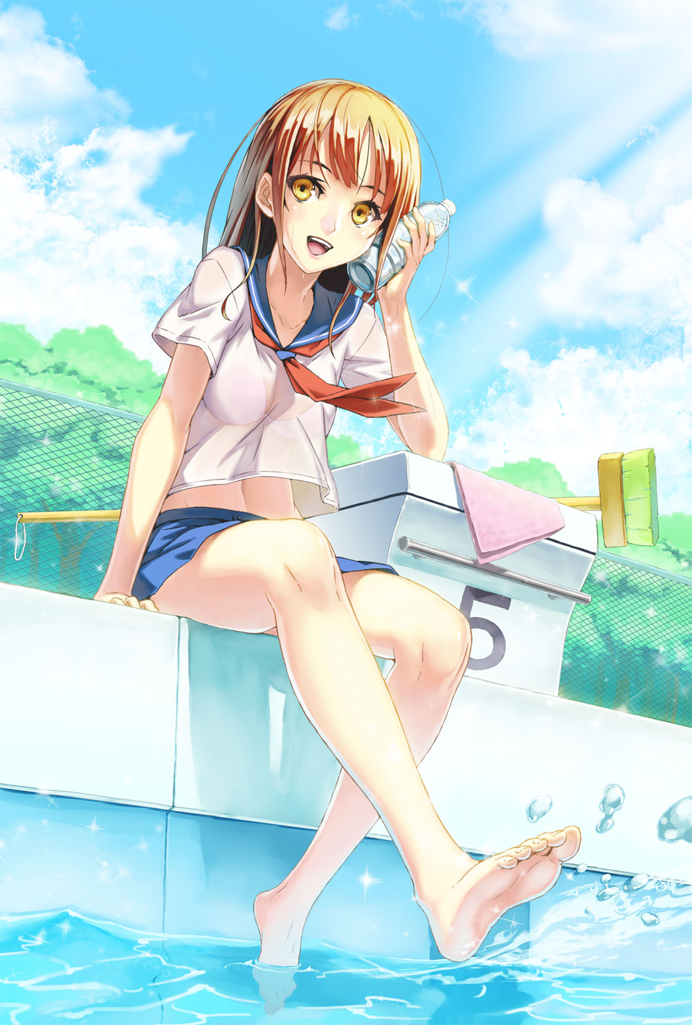 barefoot bottle fukukitaru highres original pool school_uniform see-through serafuku sitting skirt water_bottle