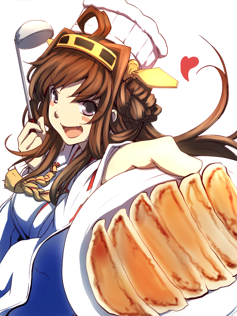 1girl ahoge blue_eyes blush_stickers braided_hair brown_hair chef_hat close-up dearmybrothers dumpling fang hairband hat heart jiaozi kantai_collection kongou_(kantai_collection) ladle open_mouth solo