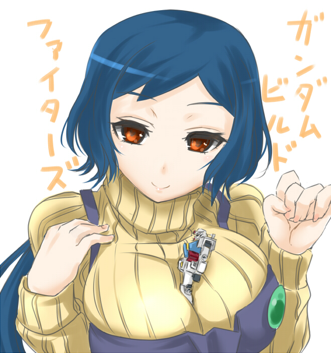 1girl apron between_breasts blue_hair gundam gundam_build_fighters hiraki_ajino iori_rinko long_hair orange_eyes ponytail rough rx-78-2 smile solo sweater translation_request