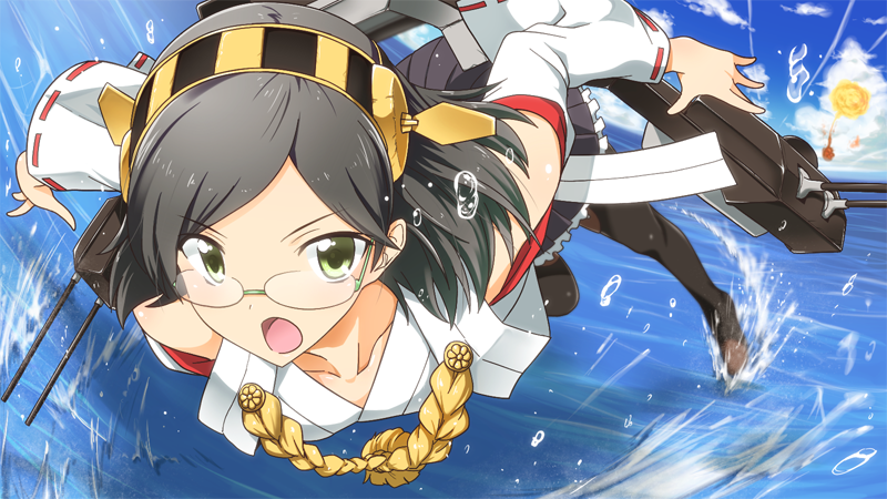 1girl black_hair cannon detached_sleeves glasses green_eyes hairband japanese_clothes kantai_collection kirishima_(kantai_collection) looking_at_viewer miko open_mouth skirt solo water yuto