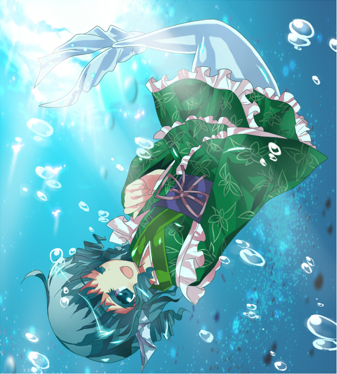 1girl alphes_(style) aqua_eyes aqua_hair fish_tail frills japanese_clothes jyuri_otoko kimono mermaid monster_girl parody reversed solo style_parody touhou underwater wakasagihime wink