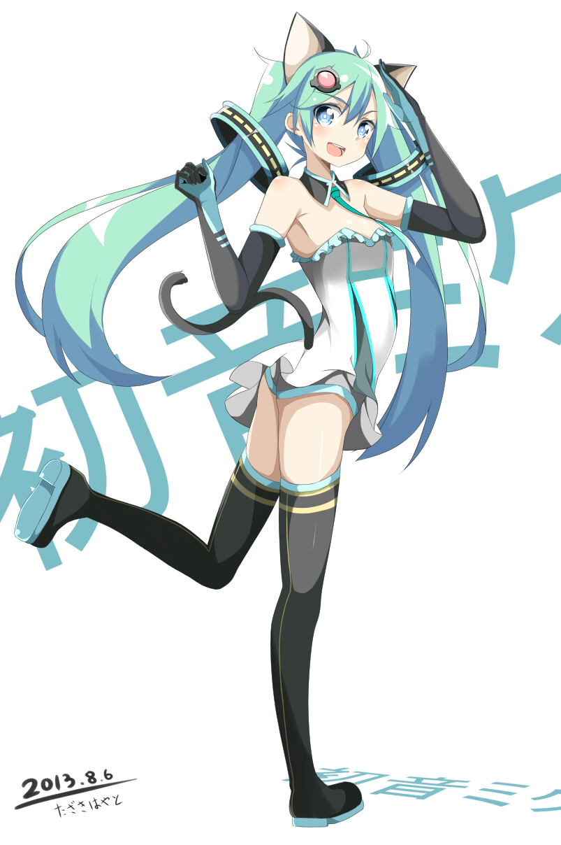 1girl 2013 animal_ears artist_name blue_eyes boots cat_ears cat_tail character_name dated elbow_gloves gloves green_hair hatsune_miku highres leg_lift long_hair necktie open_mouth solo standing_on_one_leg tail tazaki_hayato thigh-highs thigh_boots twintails very_long_hair vocaloid white_background