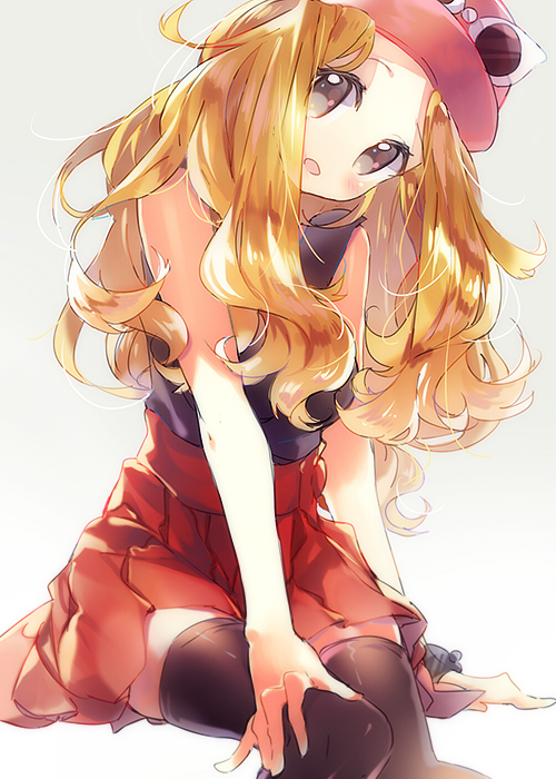 1girl black_legwear blonde_hair blush breasts brown_eyes hand_on_knee hat long_hair looking_at_viewer namie-kun open_mouth pleated_skirt pokemon pokemon_(game) pokemon_xy serena_(pokemon) sitting skirt sleeveless solo sunglasses sunglasses_on_head thigh-highs